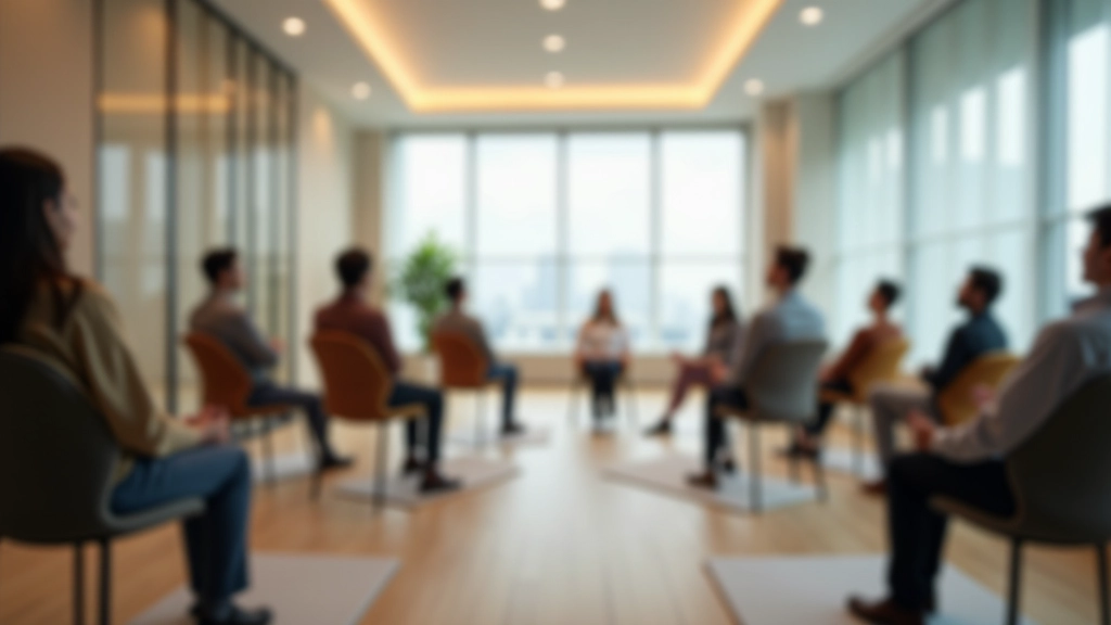 Group meditation session in corporate training room with comfortable seating