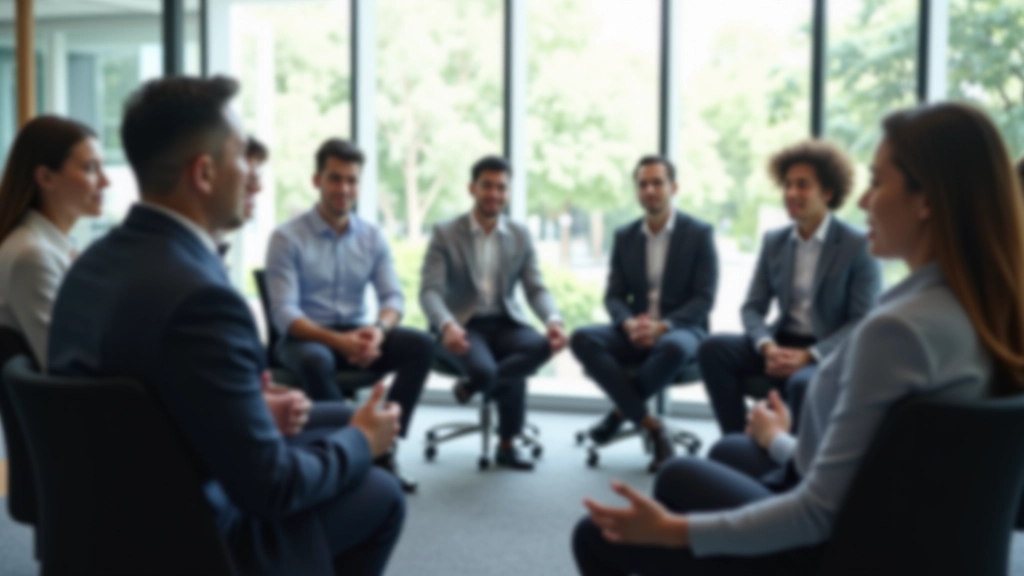 Group of employees participating in corporate mindfulness session in conference room