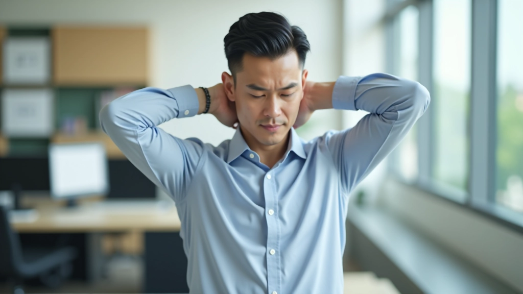 Man in business attire doing shoulder tension release exercise at workplace