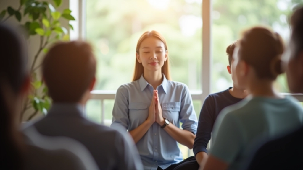 Corporate meditation training session showing proper breathing techniques