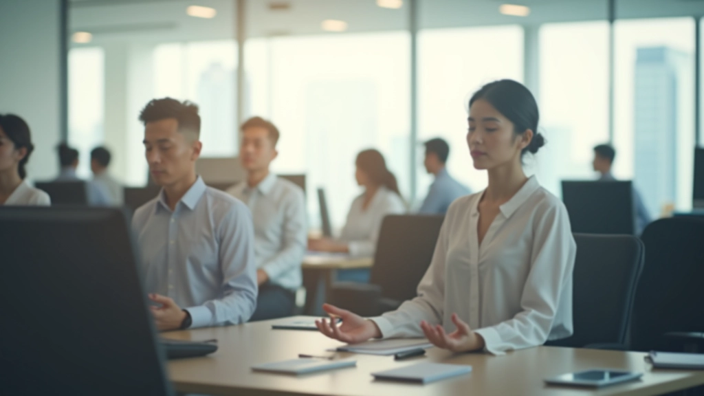 Team practicing desk meditation in a contemporary office environment
