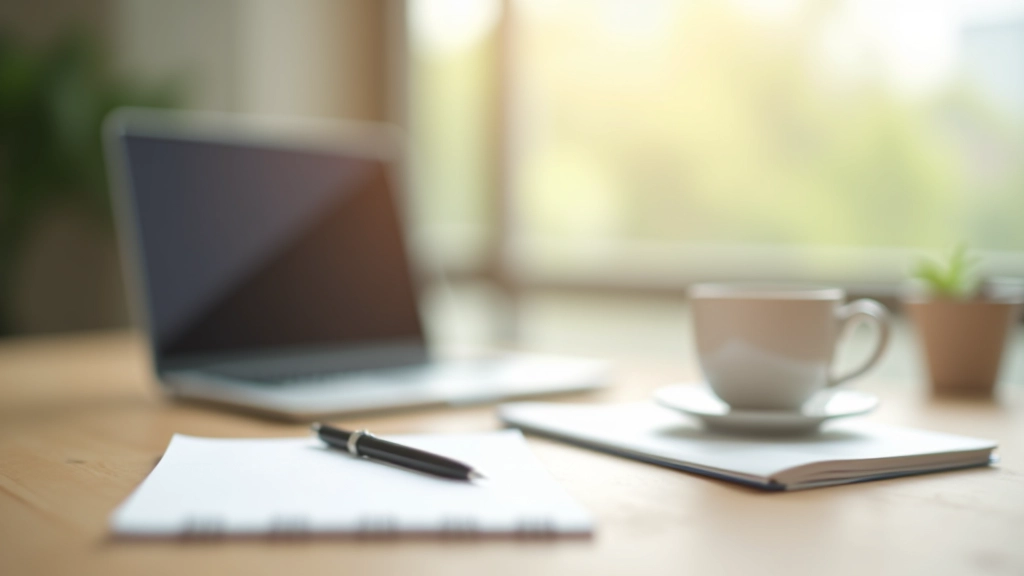 Professional workspace with minimalist desk setup, natural light from window, peaceful office environment