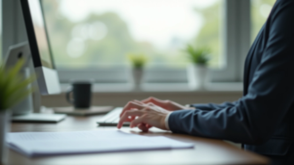Close-up of person at desk demonstrating proper breathing posture, relaxed shoulders, natural office setting
