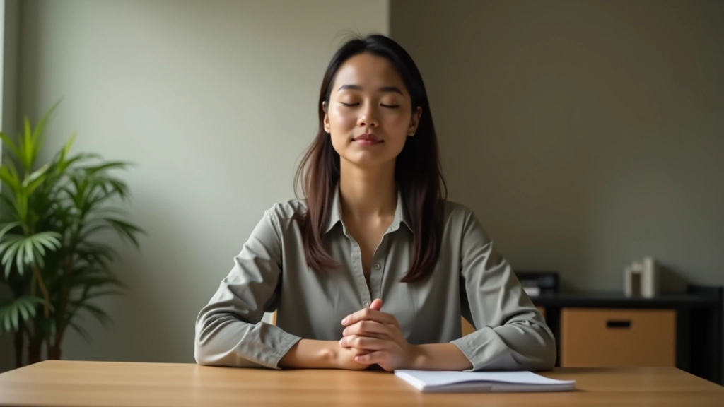 Person performing body scan meditation at desk, seated upright with focused expression