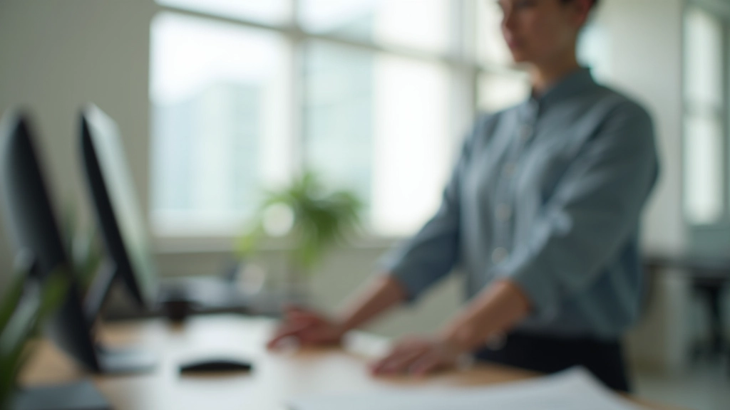 Person standing at desk doing shoulder rolls, stretching during work break, office environment
