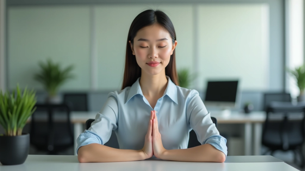 Professional woman doing shoulder stretches at office desk to relieve tension